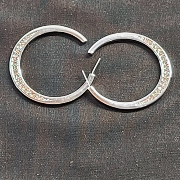 Unmarked Jewelry - Pair of Silver Plated Earrings C-Hoop Style with Bling on the Sides